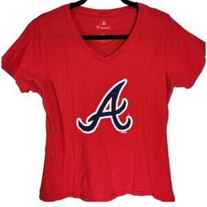 MLB Atlanta Braves Red V-Neck T-Shirt Blue 'A' Logo Womens Size Large